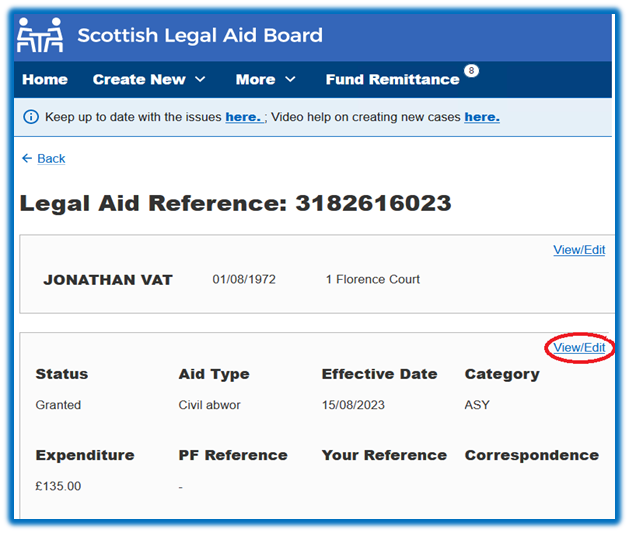 Screenshot of Legal Aid Online (LAOL) system with the View/Edit function highlighted.